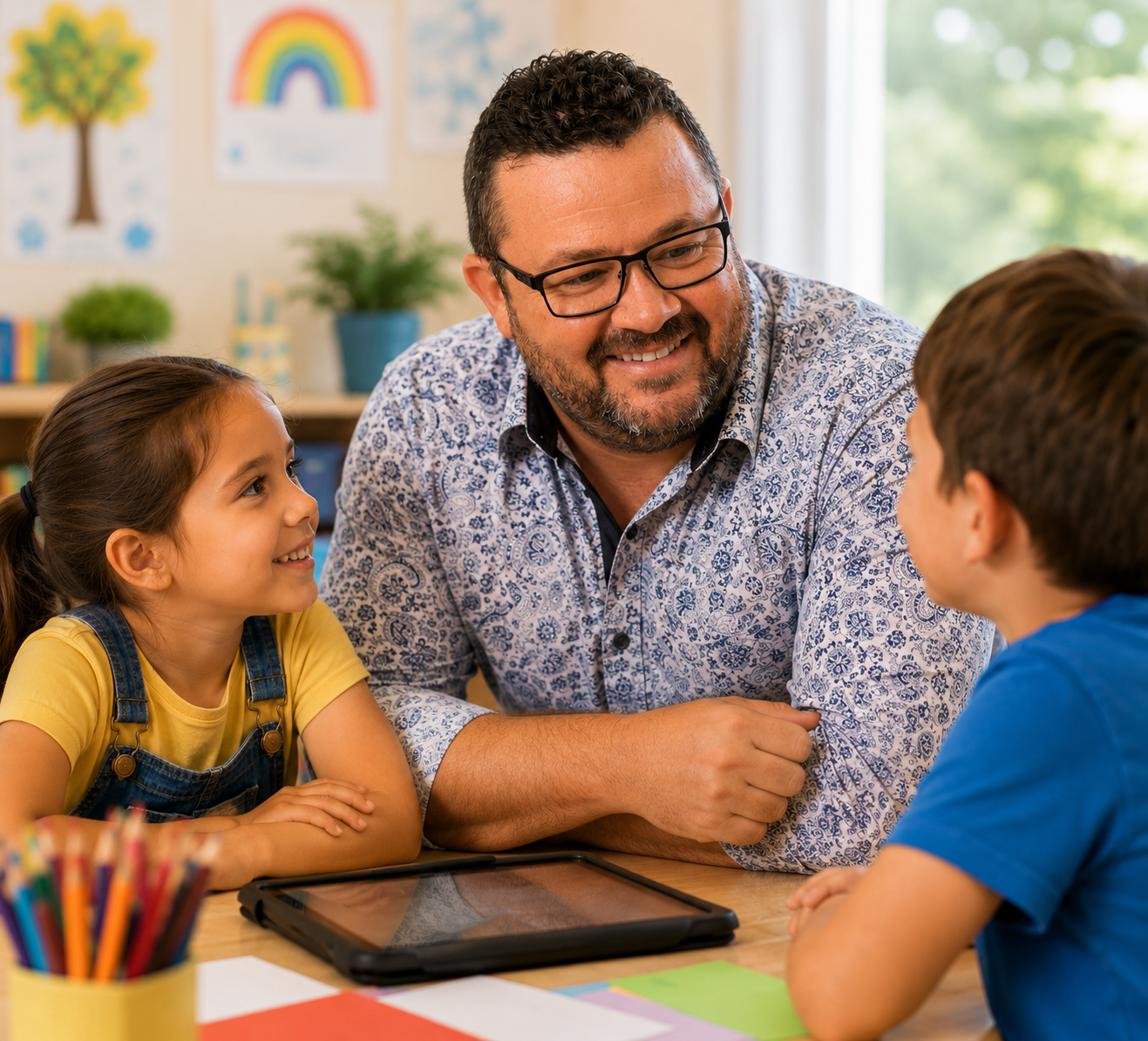 Josh Vaughan speaking with children in a classroom